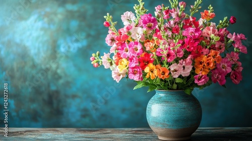 Wallpaper Mural A vibrant bouquet of colorful flowers in a blue vase against a textured turquoise background Torontodigital.ca
