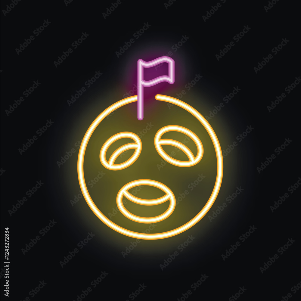 Neon sign representing a smiling moon with a flag on top, perfect for projects related to astronomy or fantasy Neon sign representing a smiling moon with a flag on top, perfect for projects related to astronomy or fantasy