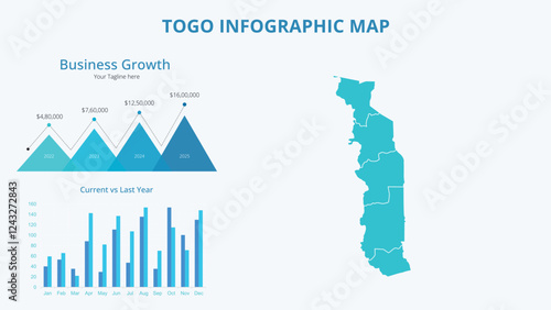 Business Growth Infographic Map of Togo. Vector Map of a global map in the form of regions of Togo. Infographic timeline. Easy to edit
