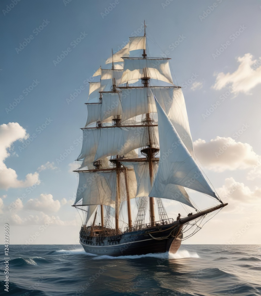 Fototapeta premium Tall sailing vessel with billowing white sails, ocean storm, waves crashing