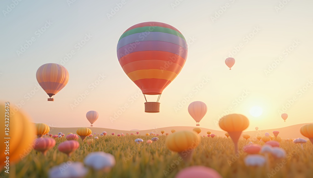 Fototapeta premium Pastel Rainbow Hot Air Balloons Soaring Over a Field of Flowers at Sunset: A Whimsical Pride Month Celebration