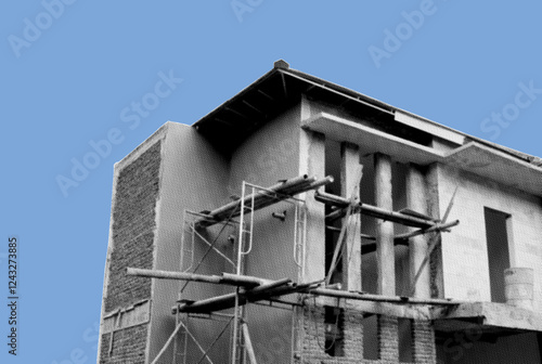 under construction site of a residential building pixelate grayscale color halftone dotted texture style collage element isolated on blue background