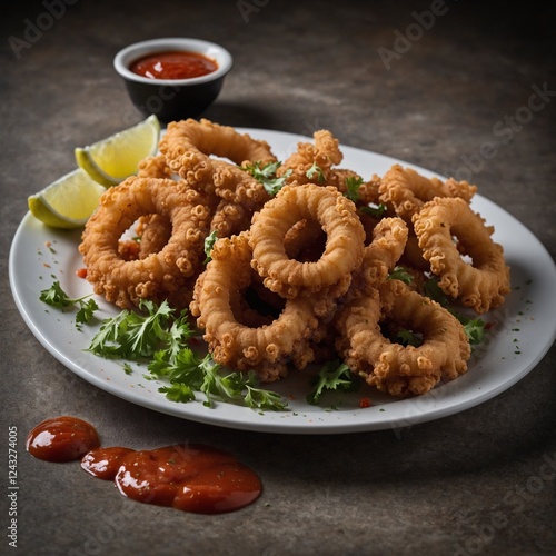 Capture a plate of crispy fried calamari with a dipping sauce.
fried squid on the table menu
 photo