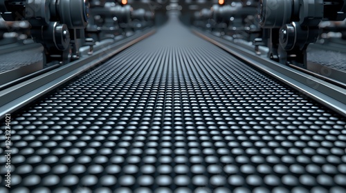 A close-up view of a conveyor belt with a textured surface, showcasing a series of evenly spaced circular patterns, often found in industrial settings.