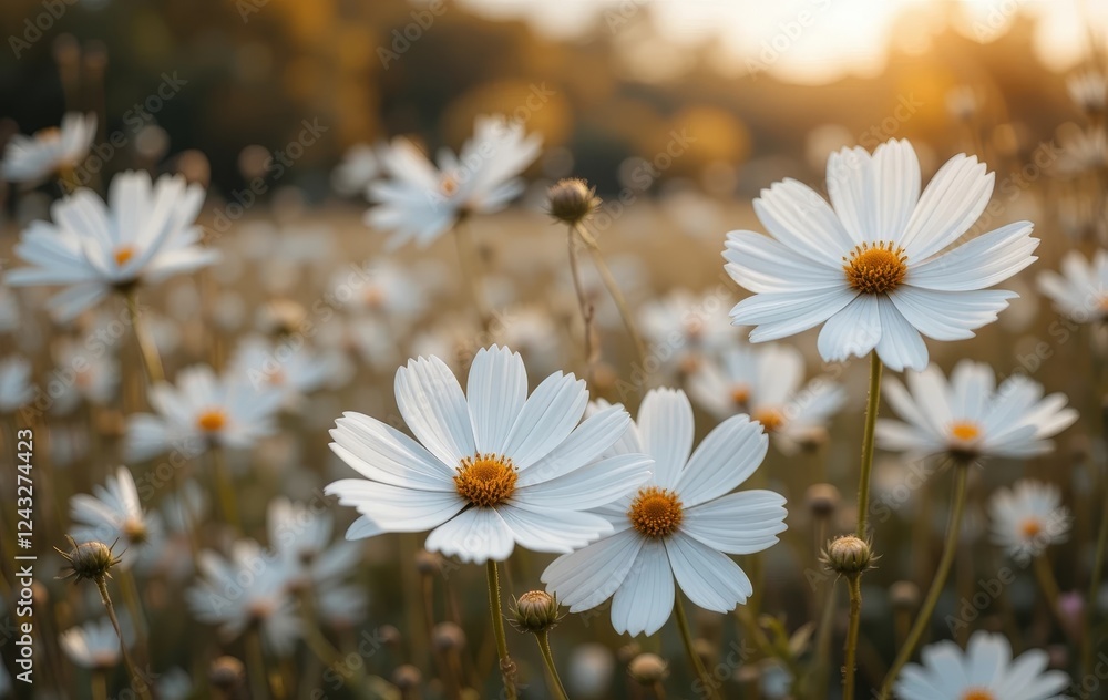 A field of white cosmos flowers with a blue sky and mountains in the background A field of white cosmos flowers with a blue sky and mountains in the background