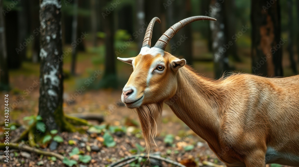 Naklejka premium Goat stands in a forest surrounded by trees and foliage during daytime, displaying its distinct features and calm demeanor