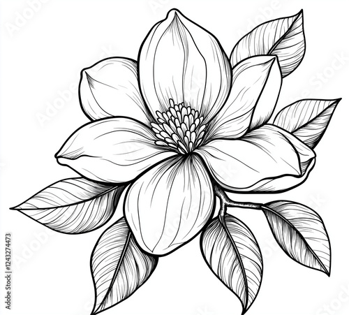 black and white line art of an outline of one single magnolia flower.