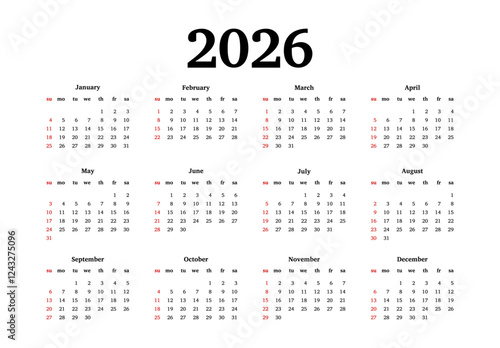 Calendar for 2026 isolated on a white background