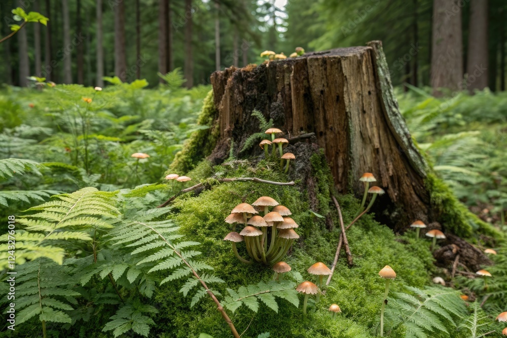Tiny, earthy-toned mushrooms sprout from the decaying wood of an ancient tree stump, surrounded by a carpet of ferns and wildflowers in the forest understory, forest floor, trees, mushrooms Tiny, earthy-toned mushrooms sprout from the decaying wood of an ancient tree stump, surrounded by a carpet of ferns and wildflowers in the forest understory, forest floor, trees, mushrooms