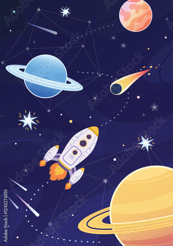 Flight of a space rocket in the galaxy among planets and stars. Space travel, exploration of the universe, new extraterrestrial discoveries. Vector illustration