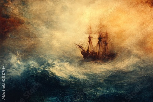 Stormy ocean, sailing ship, dramatic cloudscape, hope, artistic illustration