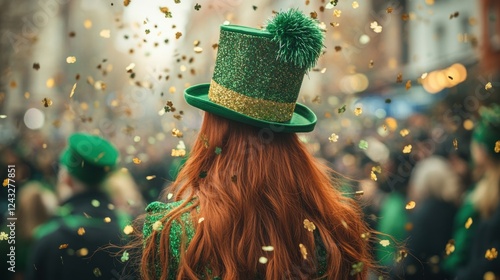 Red-haired woman in green hat standing in flurry of golden shamrock confetti. Saint Patricks Day parade shows excitement photo