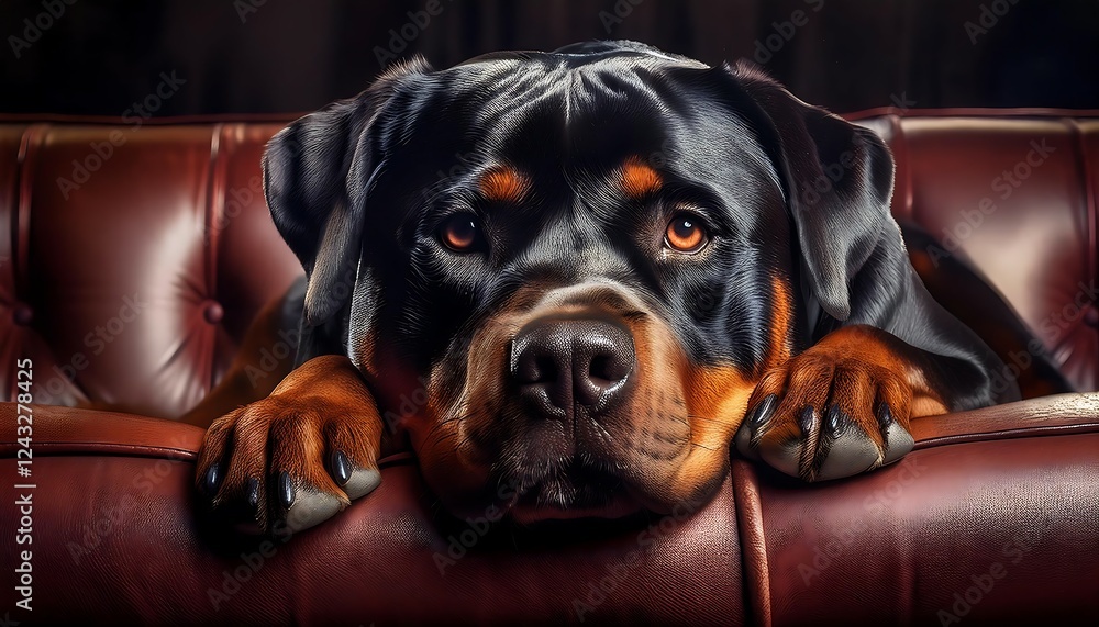 Obraz premium Majestic Rottweiler Lounging on a Luxurious Leather Couch
