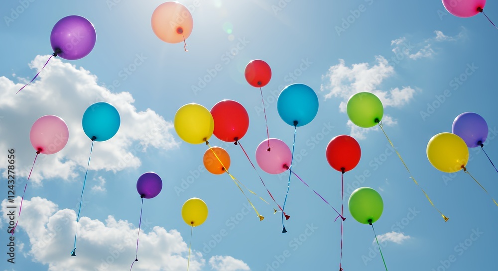 Vibrant Rainbow Balloons Soaring Against A Sunny Blue Sky With Fluffy White Clouds A Festive Pride Month Celebration Image Vibrant Rainbow Balloons Soaring Against A Sunny Blue Sky With Fluffy White Clouds A Festive Pride Month Celebration Image