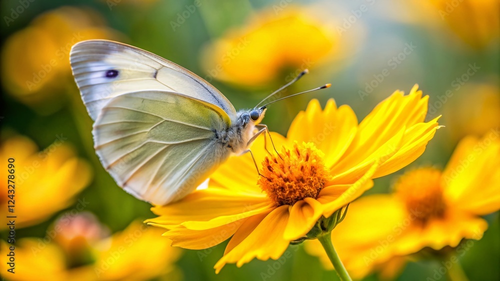 Cabbage Butterfly on Yellow Coreopsis Flower - Close Up Macro Stock Photo Cabbage Butterfly on Yellow Coreopsis Flower - Close Up Macro Stock Photo