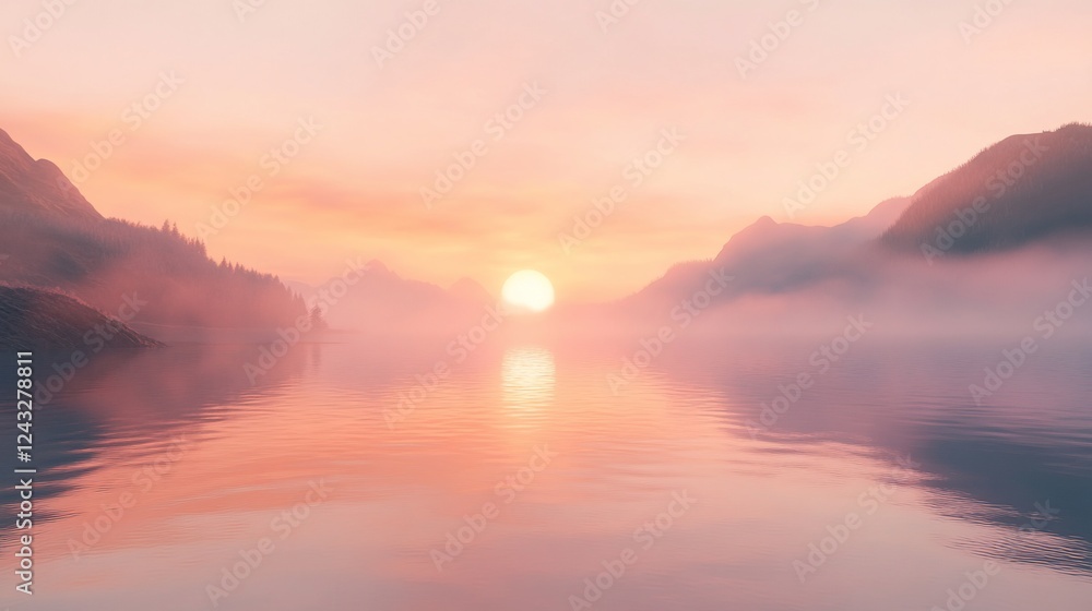 Fototapeta premium Misty sunset lake, mountains reflecting, peaceful scene, travel backdrop