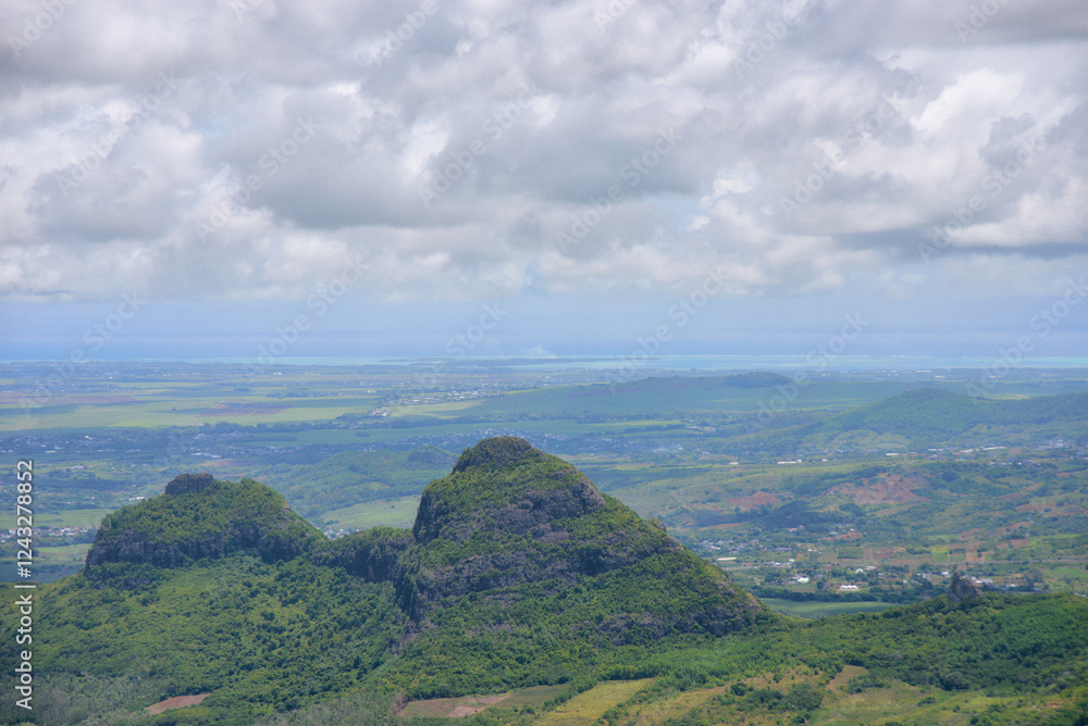 Naklejka premium Aerial view of Mauritius island from the top of the mountain, Africa 