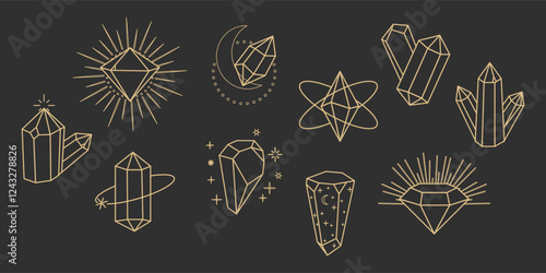 Crystal gemstone gold thin line polygon stone, contour gem, polyhedron. Elegant outline geometric quartz, jewel. Mineral linear icon.