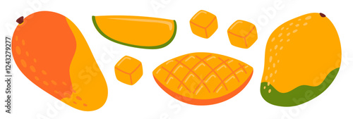 Mango set. Tropical fruits. Whole and half, slice and diced fresh mango. Collection of organic vitamins and healthy nutrition. Flat Vector illustration isolated on white background