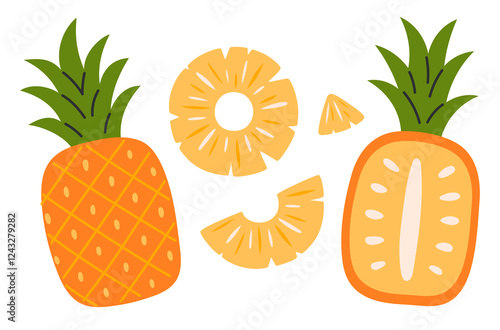 Pineapple set. Tropical fruits. Ripe fruit pieces, halved slices, whole,  round and triangle fragments. Collection of organic vitamins and healthy nutrition. Flat Vector illustration 