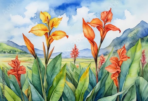 A watercolor painting of a field of Canna Lily flowers with a blue sky in the background