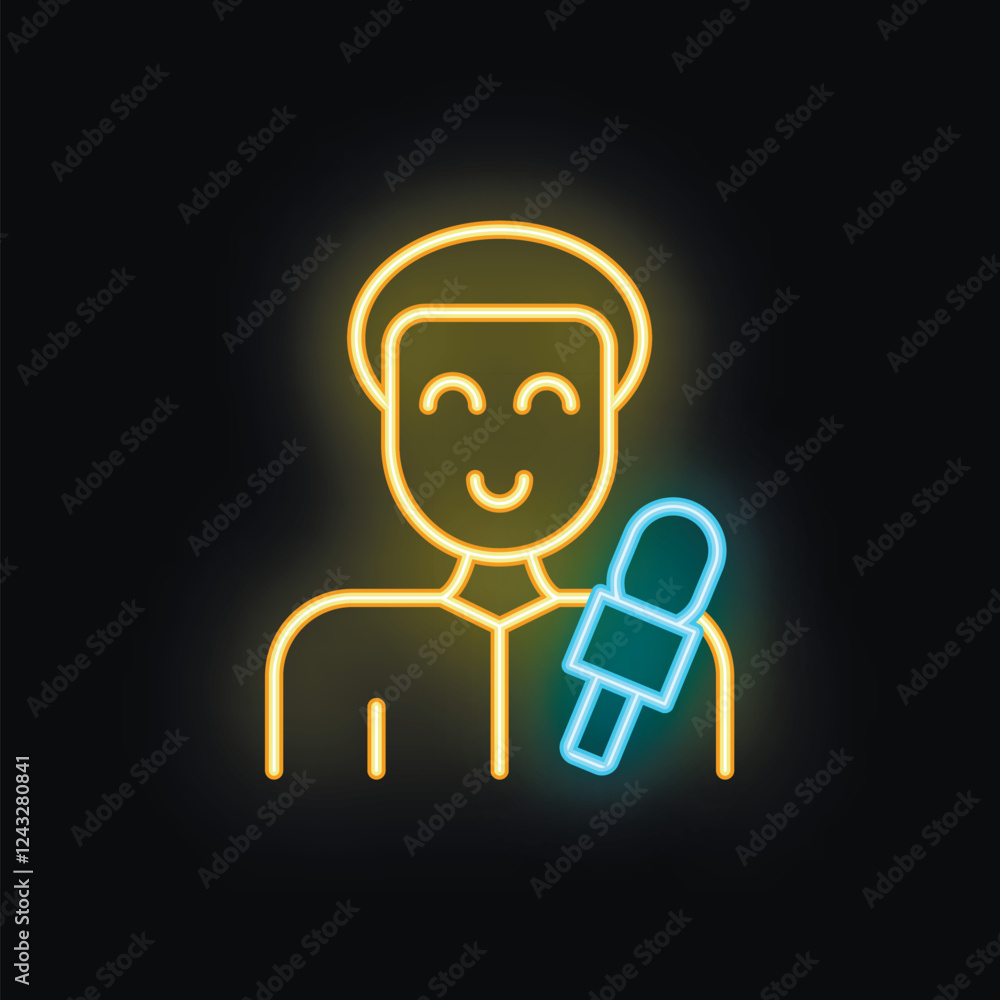 Neon sign of a journalist holding a microphone, glowing on a black background, perfect for themes of journalism, news, and media Neon sign of a journalist holding a microphone, glowing on a black background, perfect for themes of journalism, news, and media
