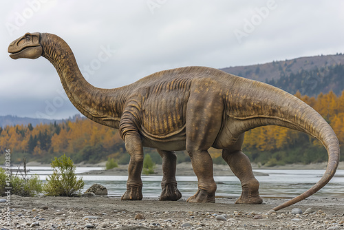 Fototapeta Naklejka Na Ścianę i Meble -  Large sauropod dinosaur near river with autumn trees and cloudy sky
