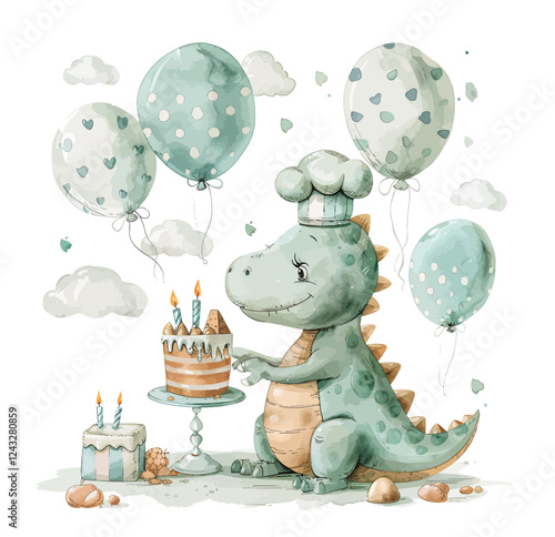 Cute dinosaur with cake and balloons, For kids birthday party Print for invitation card Poster template Watercolor style, vector