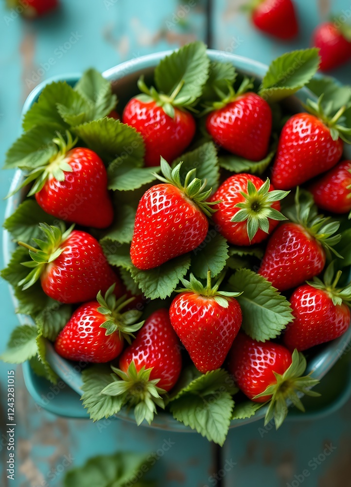 Freshly Picked Strawberries in a Rustic Bowl on Wooden Background Freshly Picked Strawberries in a Rustic Bowl on Wooden Background