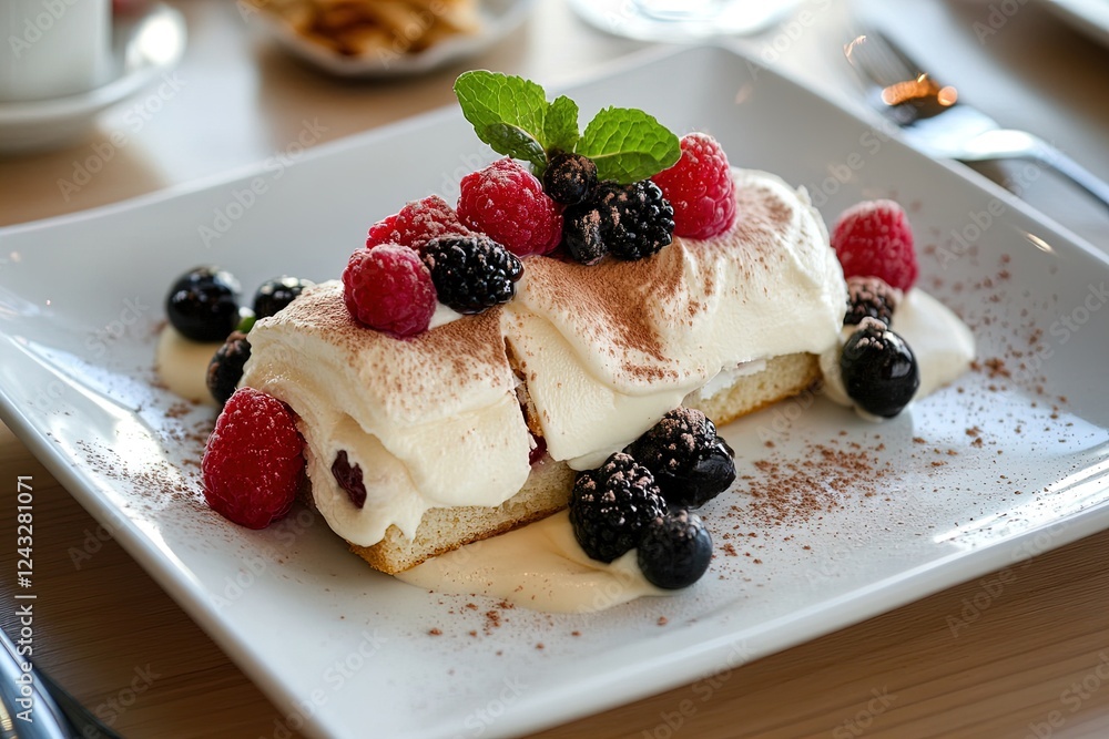 Delicious dessert featuring fresh berries and cream at a cafe during a sunny afternoon Delicious dessert featuring fresh berries and cream at a cafe during a sunny afternoon