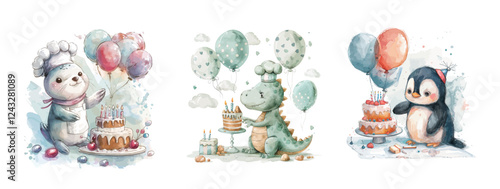 Set of cute animals with numbers and balloons, For children's birthday party kids Print for invitation card Poster template Watercolor style, vector