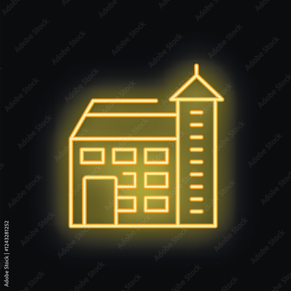 Bright yellow neon icon of a multi storey building with a fire escape, glowing on a dark background Bright yellow neon icon of a multi storey building with a fire escape, glowing on a dark background