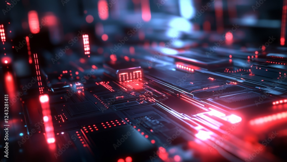 A close-up of an advanced microchip, glowing with red and blue lights on the circuit board in front. A close-up of an advanced microchip, glowing with red and blue lights on the circuit board in front.