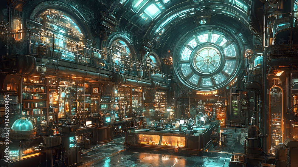 Fototapeta premium Steampunk laboratory interior, research, alchemy, glowing equipment, circular window, fantasy setting, sci-fi background, concept art