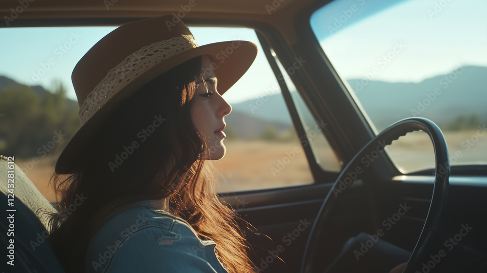 Fototapeta premium A young woman enjoying a road trip, feeling free and adventurous. Perfect for travel, lifestyle, and freedom concepts, capturing the essence of exploration and joy.