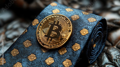 A gold bitcoin against a man's tie, symbolizing the growth and future of cryptocurrency. Space for text photo