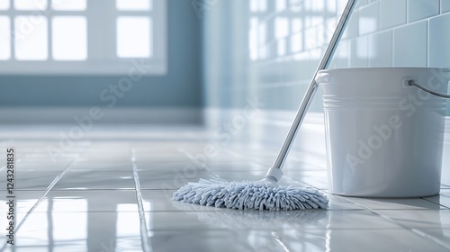 Clean mop, bucket, tiled floor, bright restroom