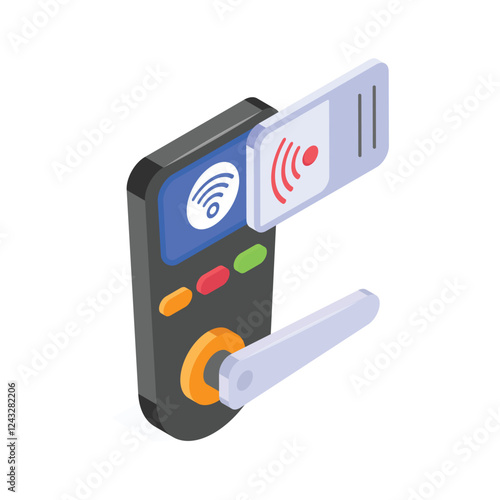 Isometric illustration depicts a modern wireless hotel door lock system