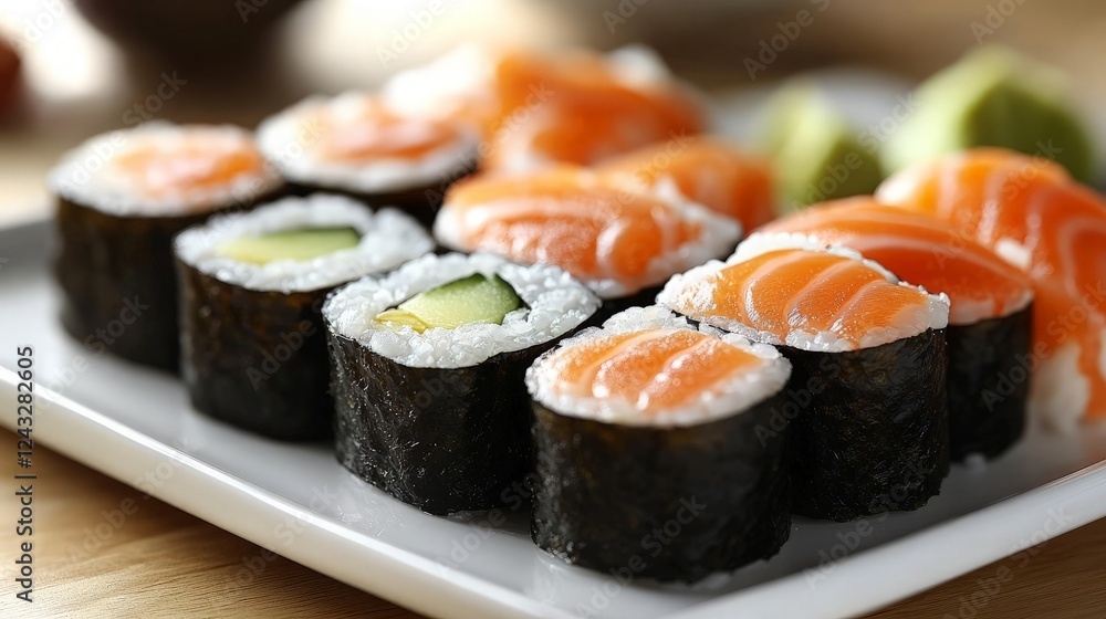 Close-up of assorted sushi rolls with salmon, eel, and avocado, served with wasabi and ginger on a white plate, highlighting the freshness and textures of the ingredients. Close-up of assorted sushi rolls with salmon, eel, and avocado, served with wasabi and ginger on a white plate, highlighting the freshness and textures of the ingredients.