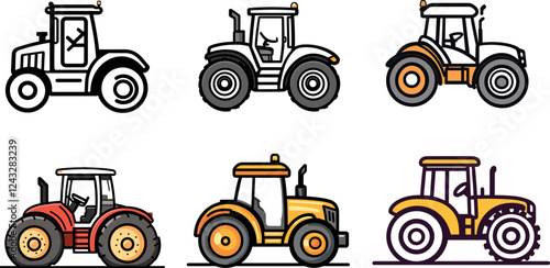 Set Of Agricultural Farm Transport Tractors Cartoon Vector Illustration Design Collection