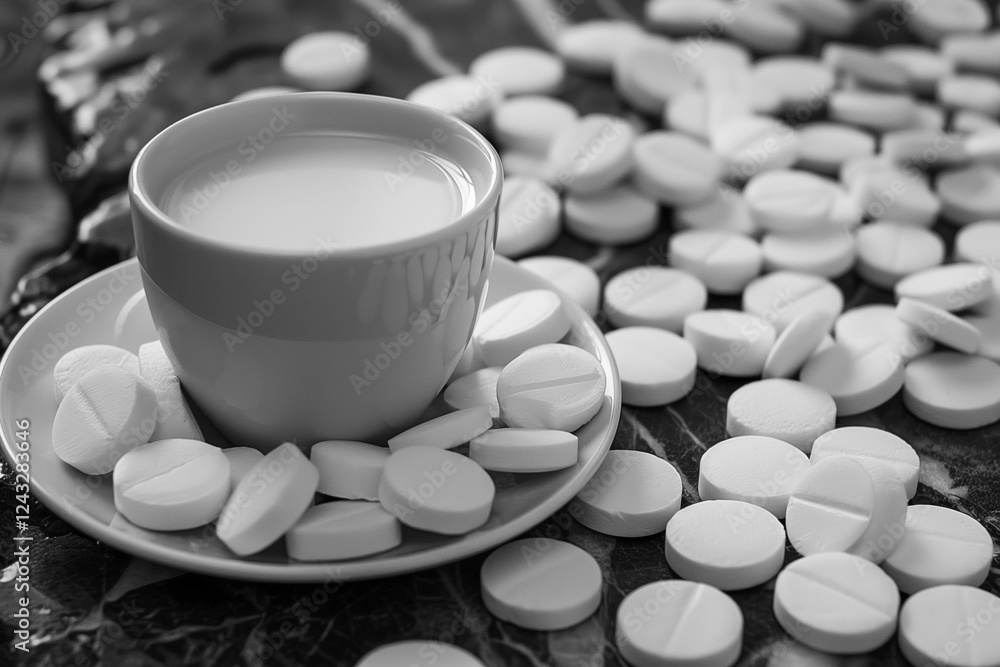 Cup of milk surrounded by scattered white tablets on a dark surface Cup of milk surrounded by scattered white tablets on a dark surface