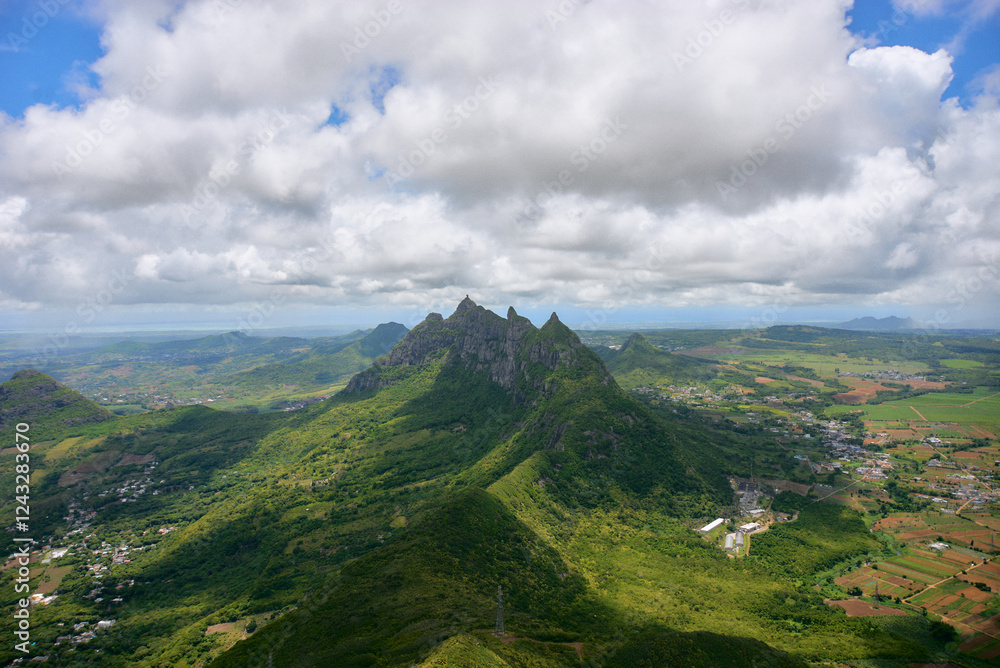 Fototapeta premium Aerial view of Mauritius island from the top of the mountain, Africa 