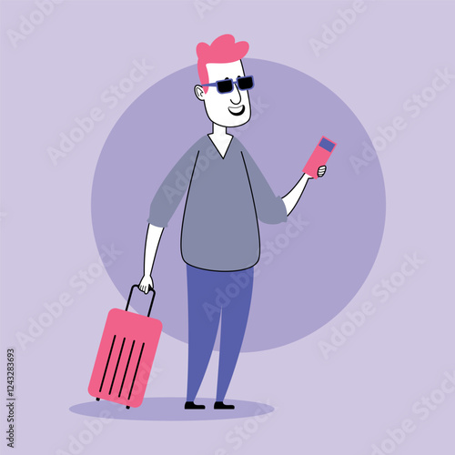 Joyful traveler standing with suitcase in one hand and smartphone in other. Man dressed casually, wearing sunglasses, eager to explore new destinations