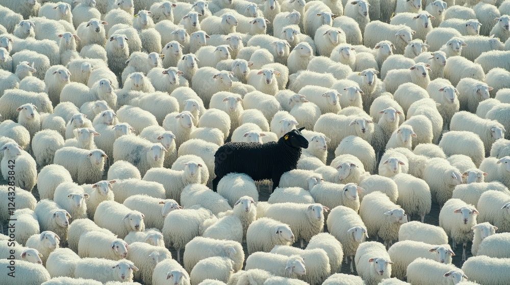 Fototapeta premium Black sheep amidst white flock grazing pasture