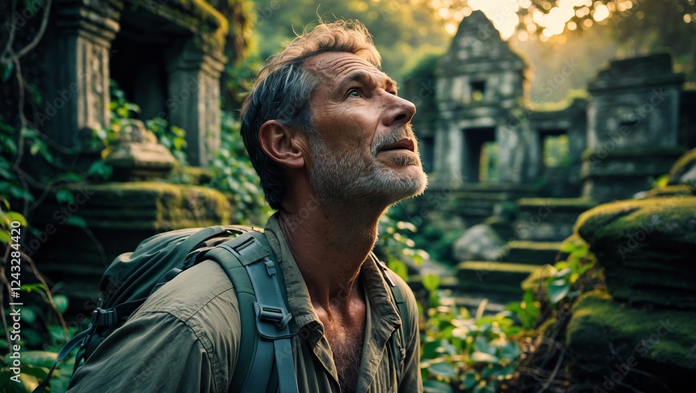 Obraz premium Exploring ancient ruins at sunset with lush vegetation surrounding the site