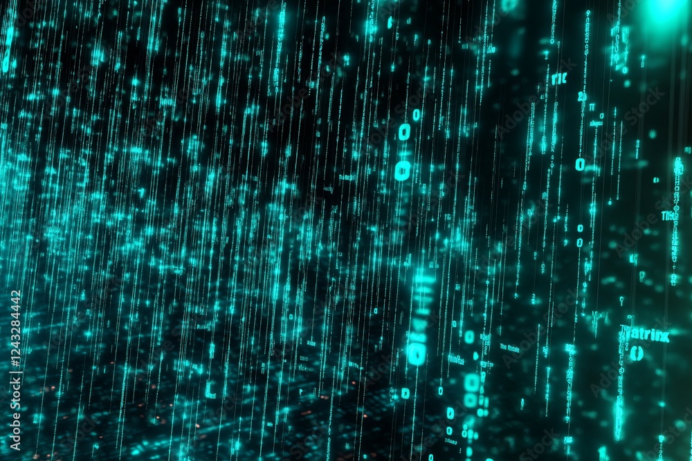 A digital rain effect with neon blue-green code symbols. A digital rain effect with neon blue-green code symbols.