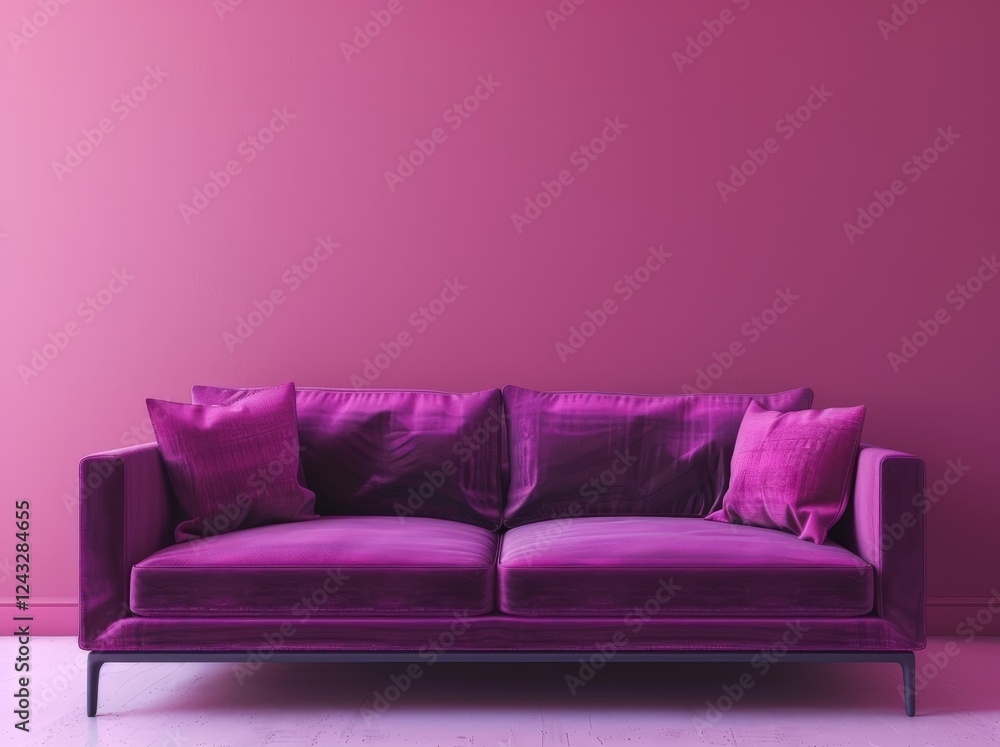 A plush purple velvet sofa sits against a matching pink wall. offering a cozy and stylish setting for relaxation A plush purple velvet sofa sits against a matching pink wall. offering a cozy and stylish setting for relaxation