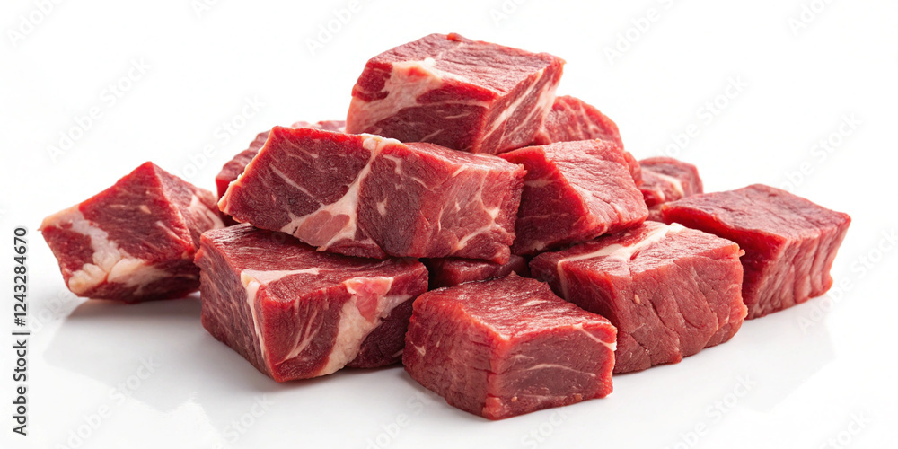 Pile of raw beef cubes with deep red color and white fat marbling on a clean white background, featuring irregular shapes and a sharp, high-quality focus Pile of raw beef cubes with deep red color and white fat marbling on a clean white background, featuring irregular shapes and a sharp, high-quality focus