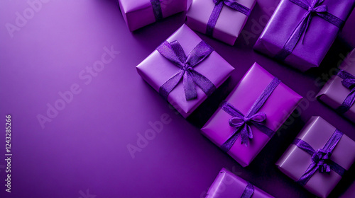 Purple gift boxes arranged on a purple background with ample copy space for text or design