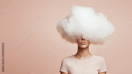 Wallpaper Mural Young woman covering her face with a large white cloud symbolizing information overload, stress, burnout, and mental health challenges on a minimalist pink background Torontodigital.ca